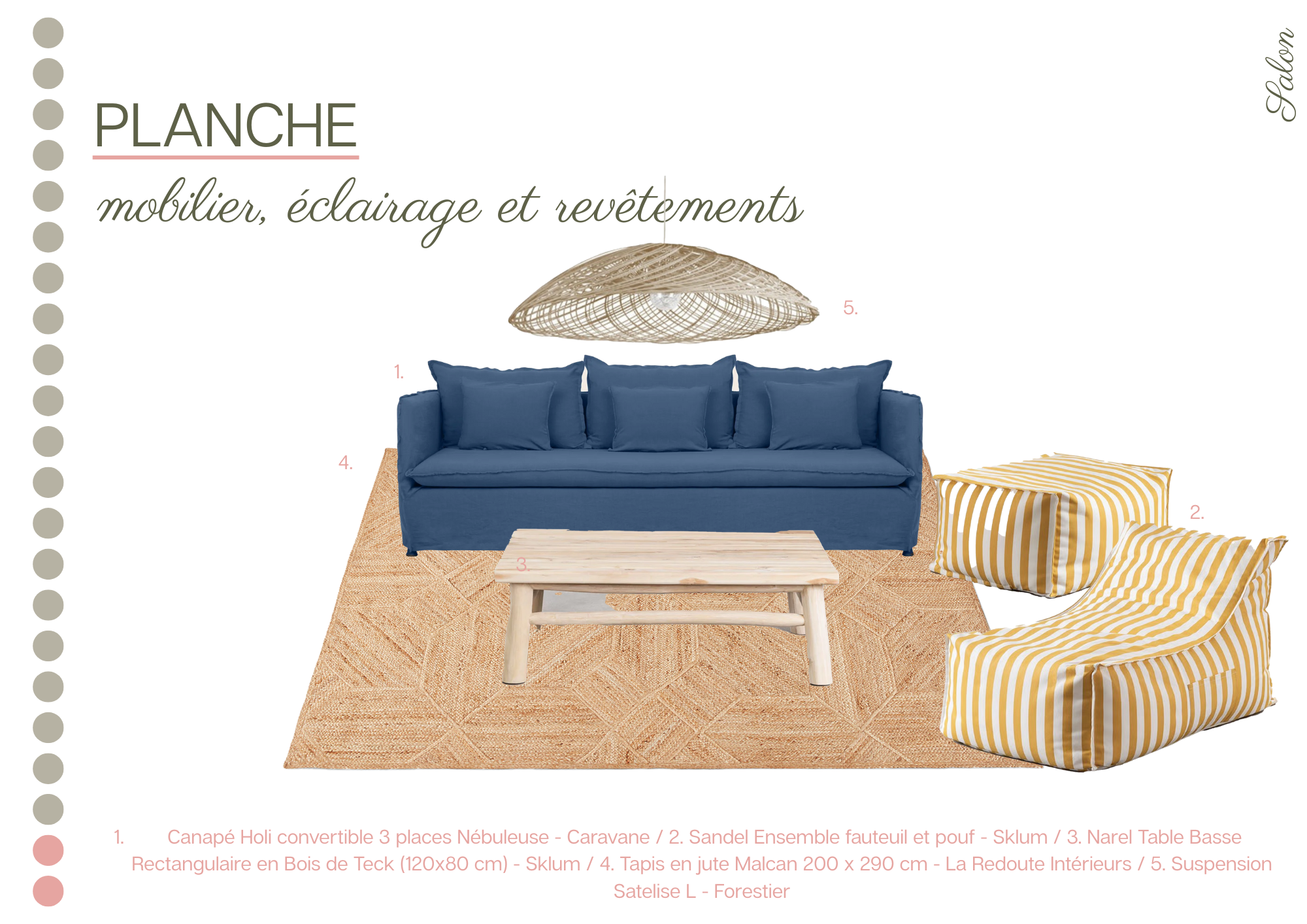 Planche de mobilier intérieur comprenant un canapé bleu, deux poufs rayés jaunes et blancs, une table basse en bois, un tapis beige, un lampadaire suspendu en rotin, avec des textes en français décrivant chaque élément.