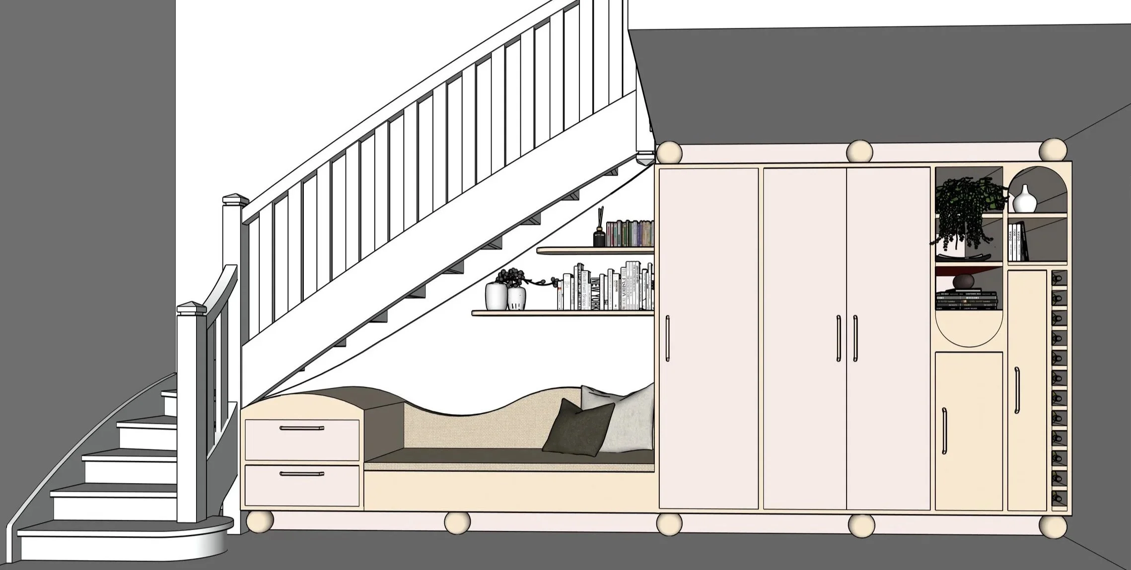 Illustration d'une pièce intérieure avec un escalier, un meuble avec tiroirs, des étagères remplies de livres, des plantes, et des objets décoratifs.