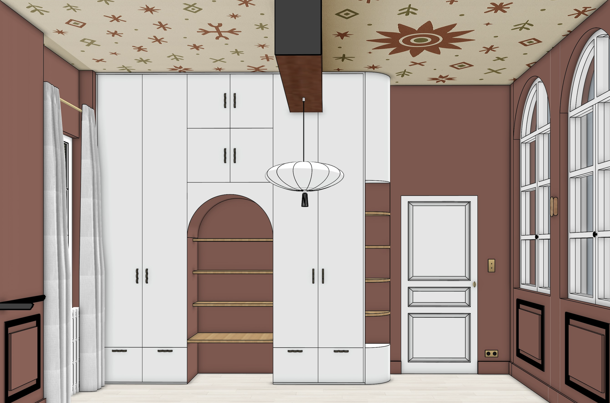 Une pièce intérieure avec murs marron, grandes fenêtres à volets blancs, un placard blanc avec portes, étagères en bois, et un plafond décoré de motifs géométriques et floraux, éclairée par un suspensoir blanc.