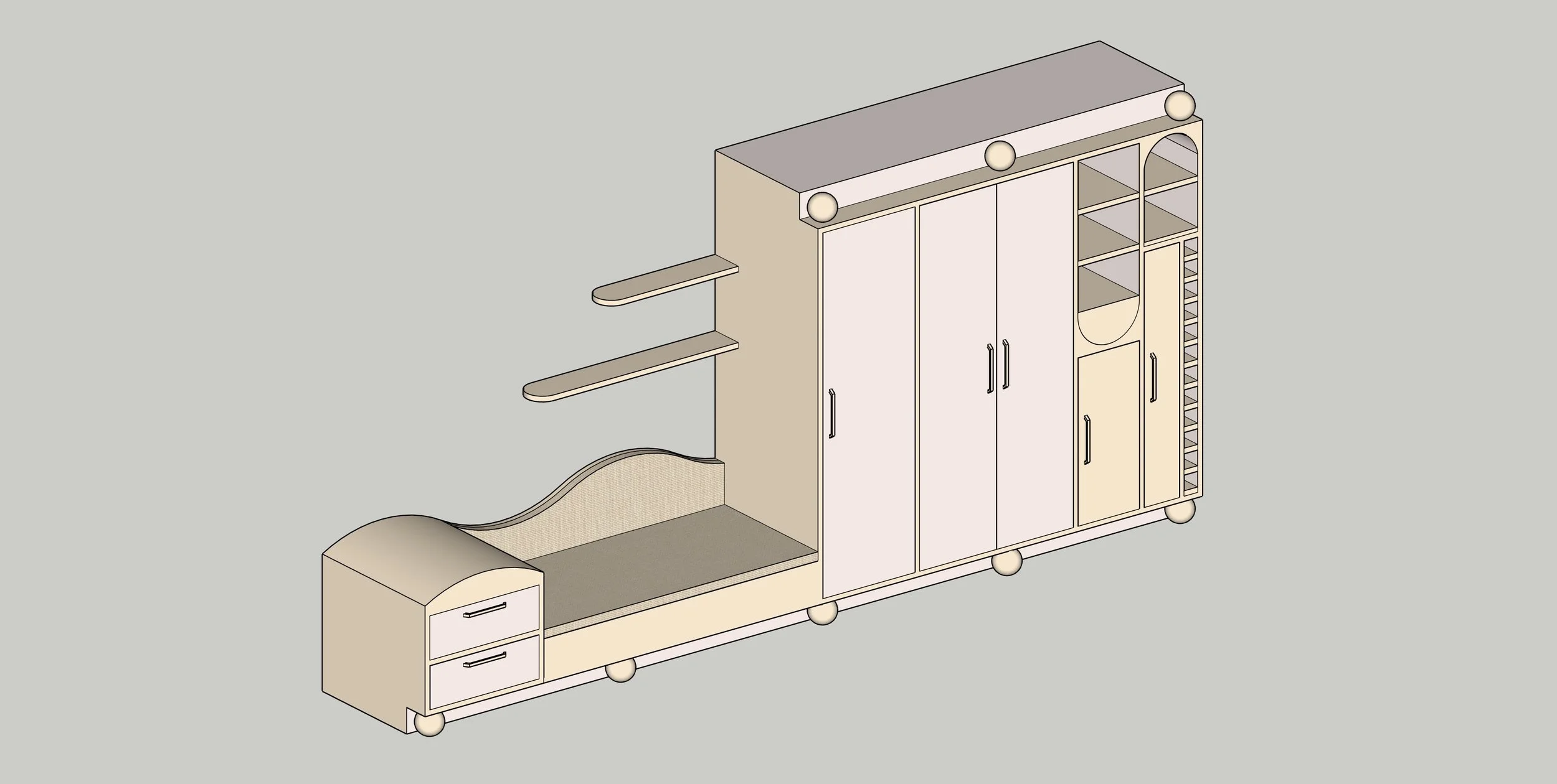 Un meuble de rangement modulable avec plusieurs compartiments, étagères, tiroirs, et un espace pour un matelas ou un coussin, en beige et blanc.