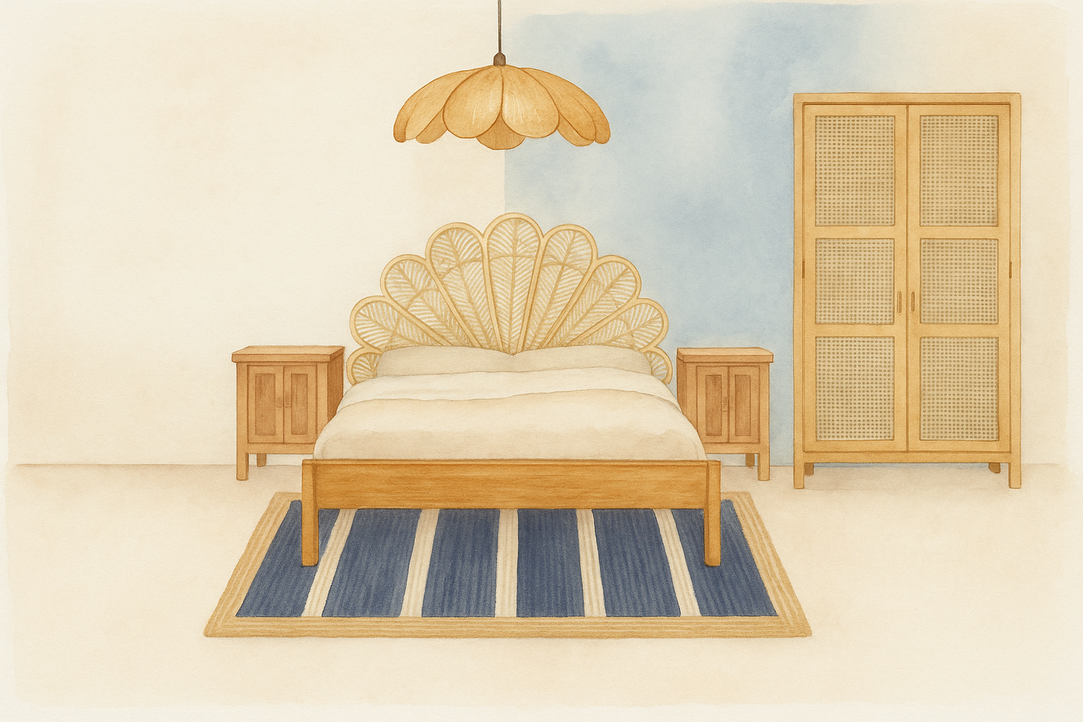 Chambre avec un lit en bois, tête de lit décorative en forme de coquillage, deux tables de chevet en bois, armoire en bois avec portes en rotin, tapis rayé bleu et beige, lampe suspendue en forme de fleur en bois, mur blanc avec section bleu clair.