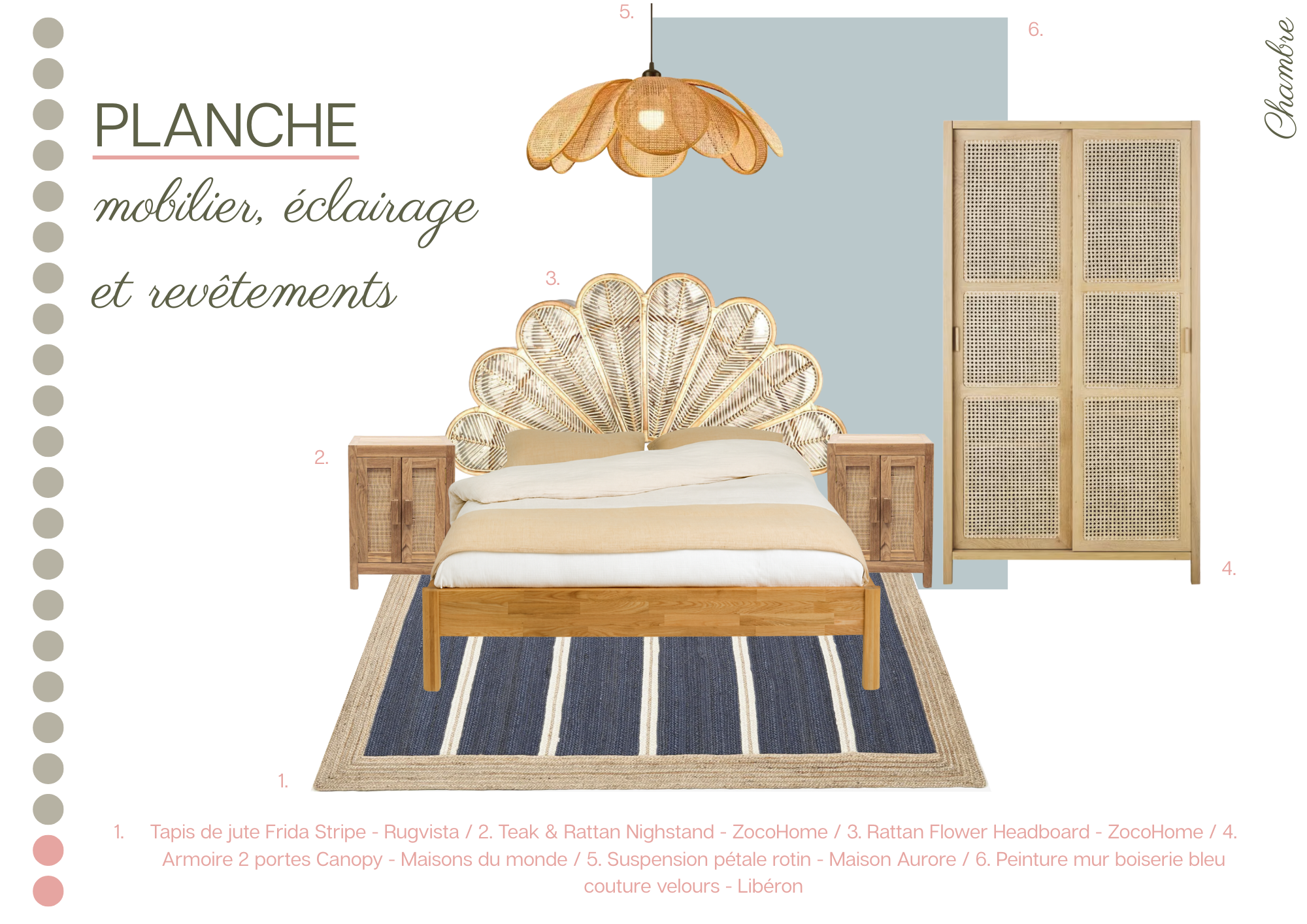 Une illustration d'une chambre avec un lit, une armoire, deux tables de chevet, un lampadaire suspendu et une tête de lit en rotin, dans un style naturel et bohème.