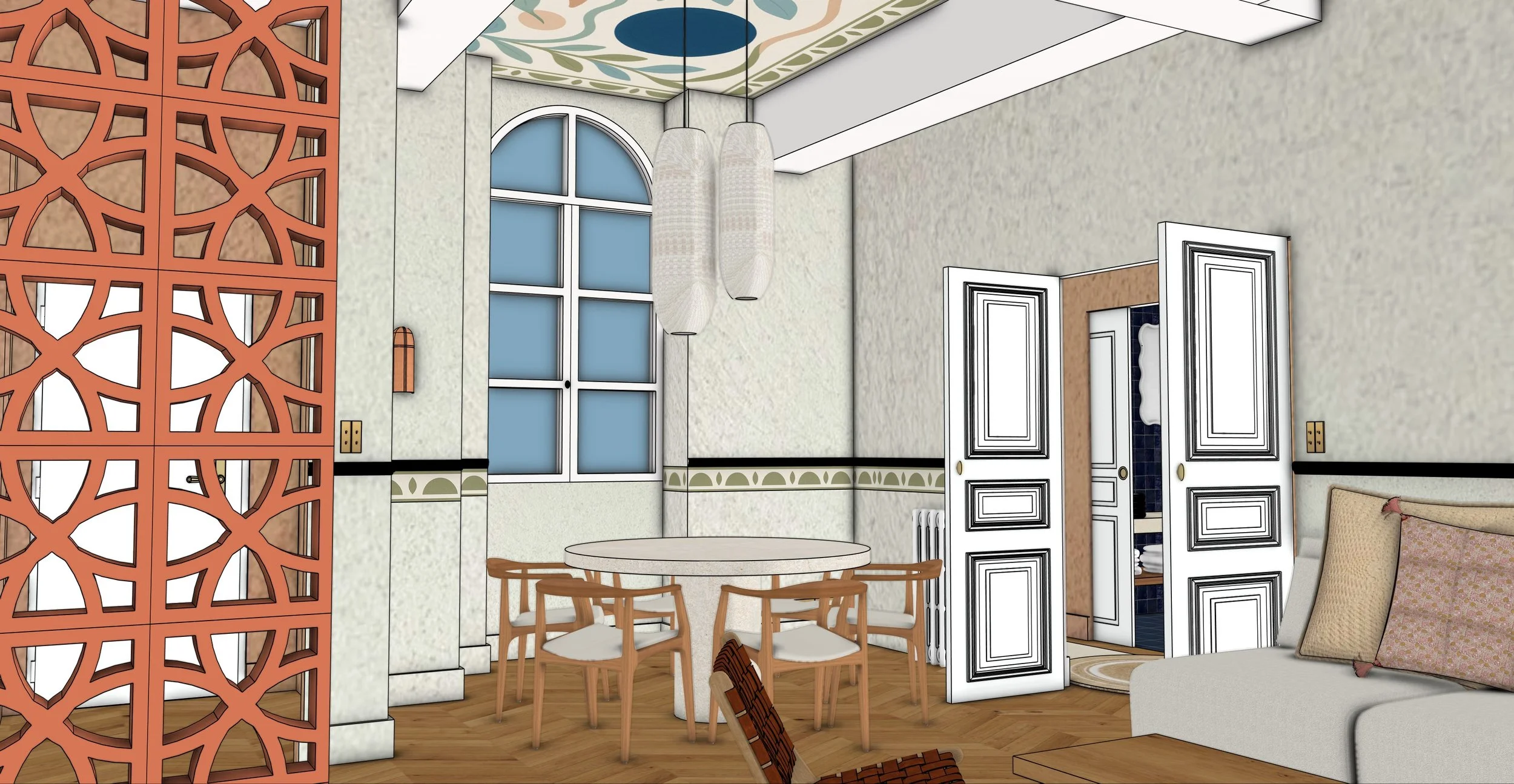 Intérieur d'une pièce avec fenêtres en arc, lampes suspendues, porte décorative, canapé beige avec coussins, table ronde en milieu de pièce, mur avec décorations, panneau de séparation en motif décoration.