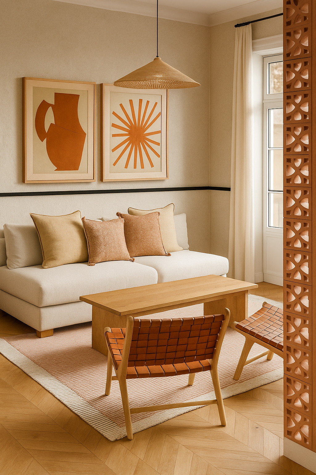 Salon baigné de lumière naturelle, canapé beige avec coussins, tableau abstrait orange, table en bois, chaises en cuir tressé, mur beige, rideau blanc, panneau décoratif en terre cuite.