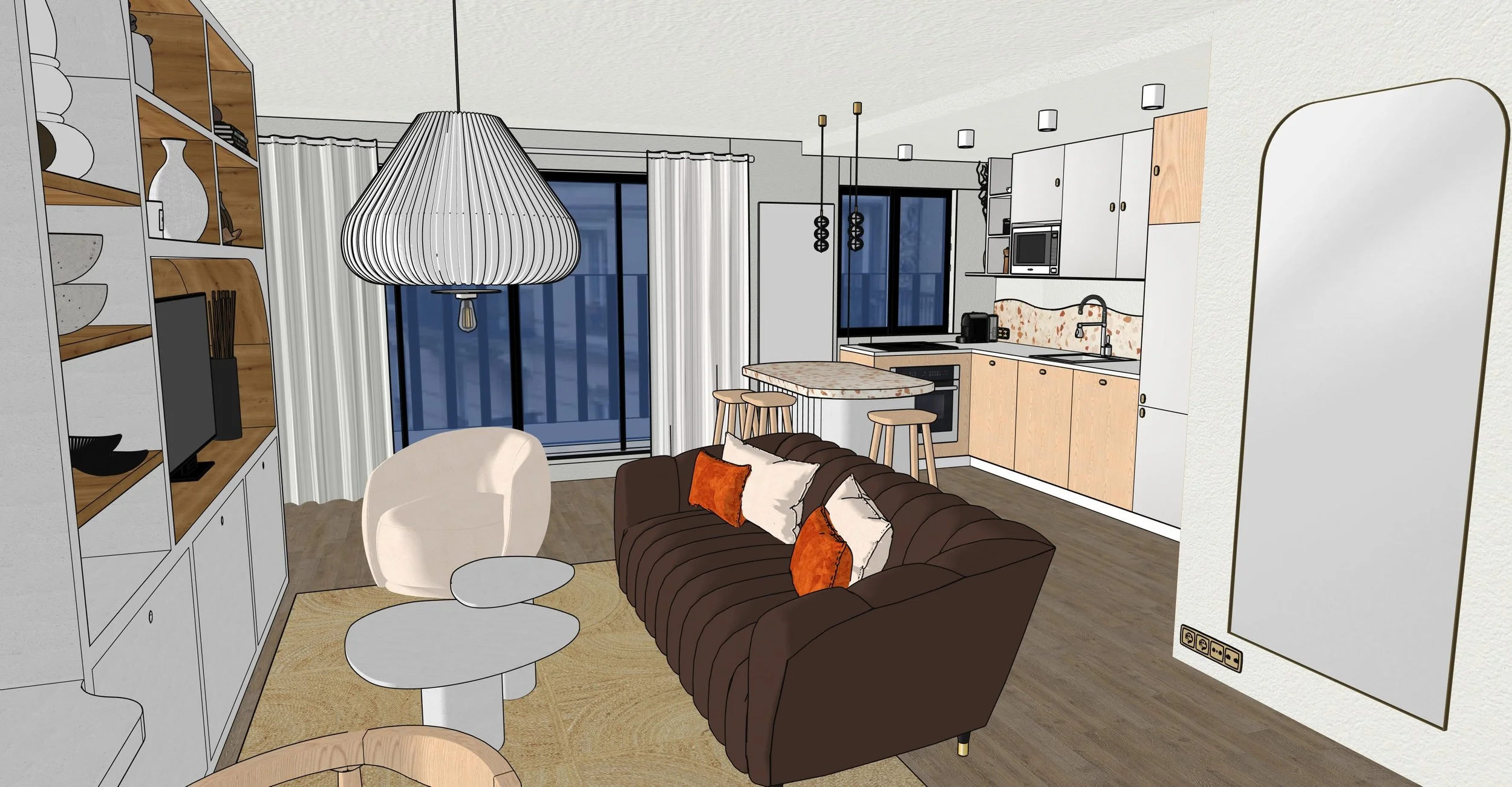 Vue intérieur d'un appartement moderne avec cuisine ouverte et salon. Cuisine avec armoires en bois clair, comptoir en marbre, bar avec trois tabourets. Salon avec canapé marron, fauteuil blanc, table basse ronde, étagère avec vaisselle et télévision. Grandes fenêtres avec rideaux blancs, parquet en bois, miroir sur le mur.