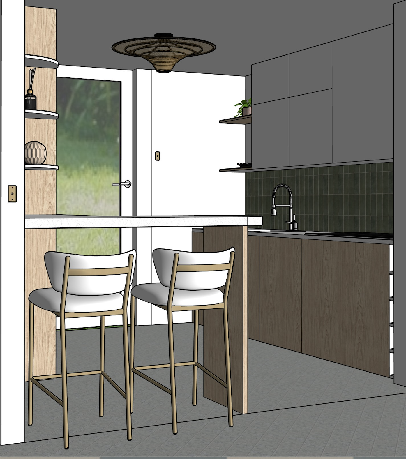 Vue intérieure d'une cuisine moderne avec un comptoir, deux chaises hautes, des armoires grises, un évier avec robinet, une backsplash de carreaux verts, et une porte vitrée menant à l'extérieur. Un plafonnier en bois.