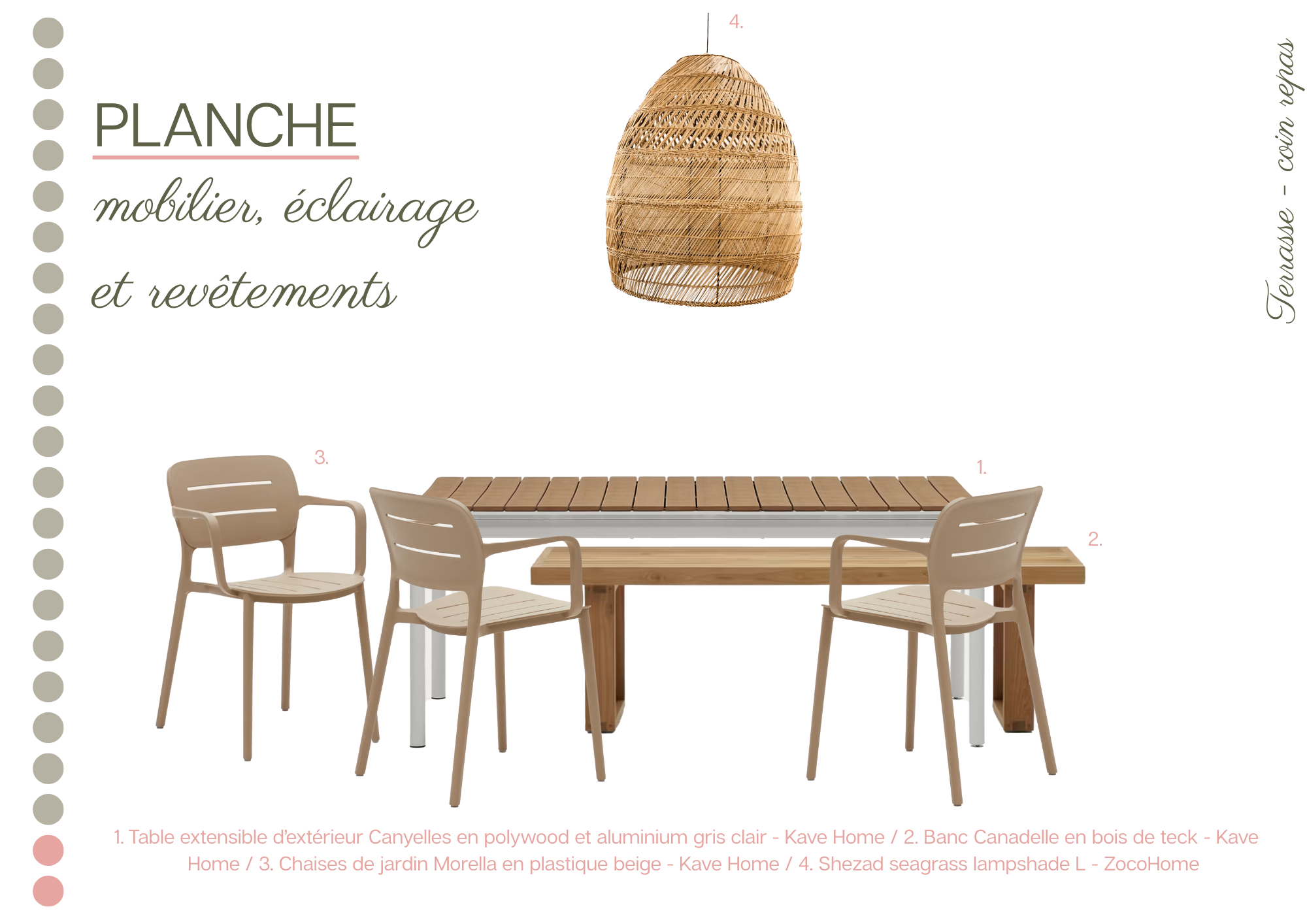 Une image présentant des meubles d'extérieur, incluant une table extensible en polywood et aluminium gris clair (1), une banquette en bois de teck (2), des chaises de jardin en plastique beige (3), et une lampe en osier seagrass en forme de dôme (4).