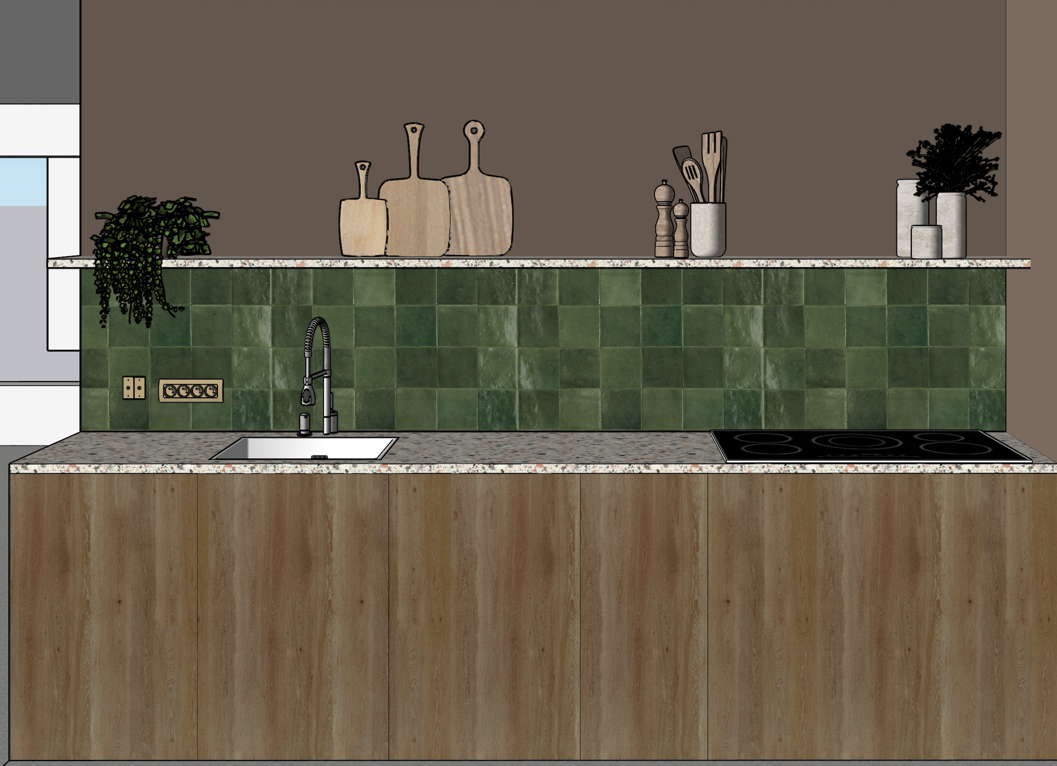 Cuisine moderne avec plan de travail en granite, façades en bois clair, dosseret en carreaux verts, évier, robinet, prises électriques, plaques de cuisson, étagère avec plantes, récipients, et ustensiles de cuisine.