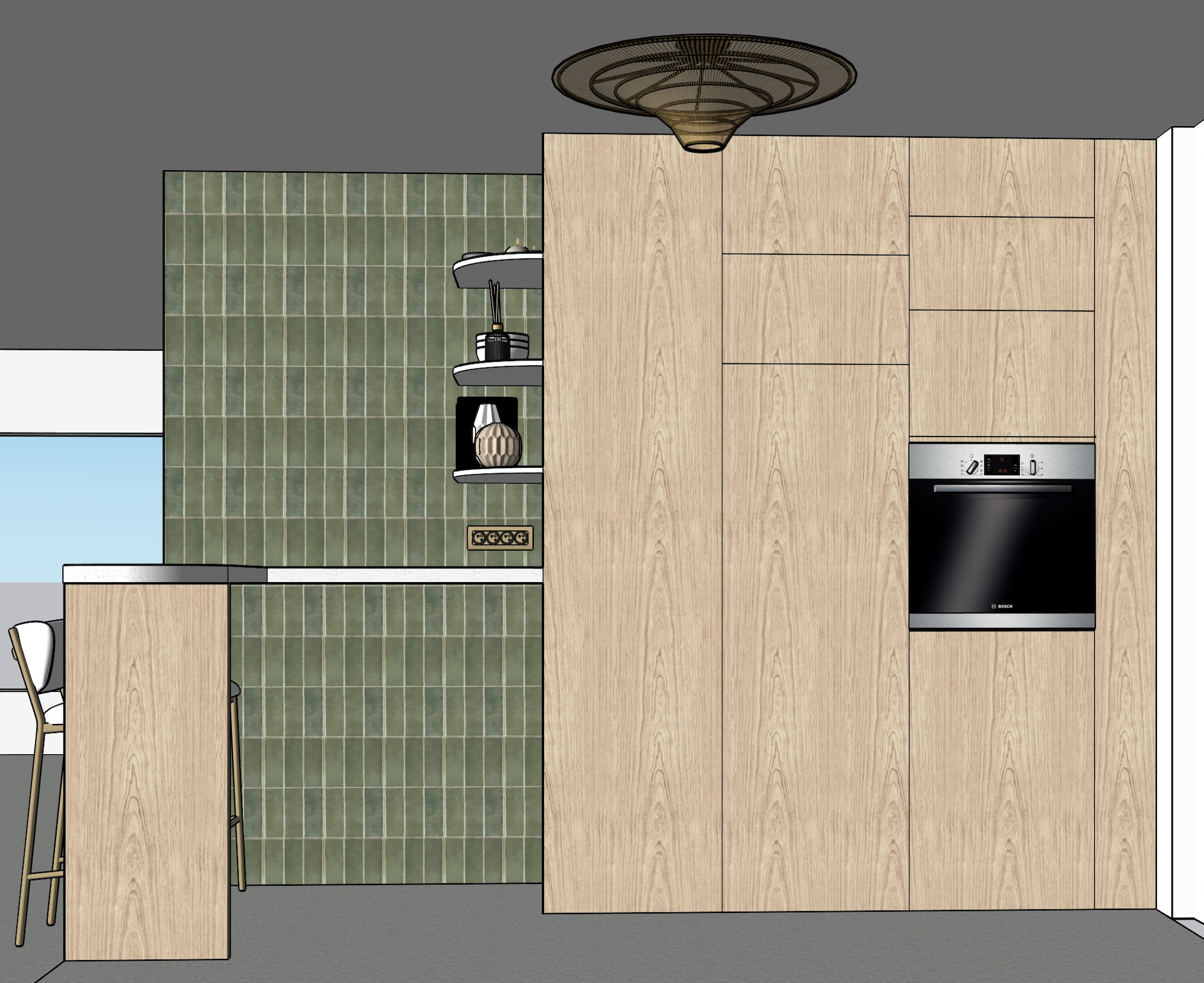 Cuisine moderne avec armoires en bois clair, mur en carreaux verts, four encastré, étagères ouvertes avec décorations, et un îlot avec des chaises. Grande fenêtre laissant entrer la lumière.