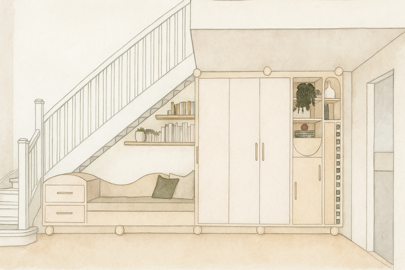 Illustration d'un intérieur de maison avec un escalier, une banquette, des étagères avec des livres et des plantes, un placard, et une porte