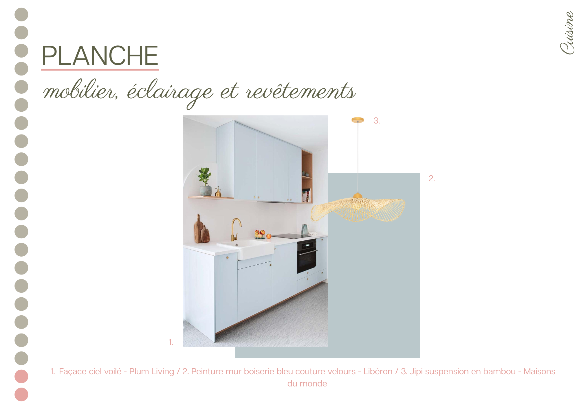 Planche présentant une cuisine avec armoires couleur ciel voilé, éclairage suspendu en bambou, texte en français, avec annotations et numéro