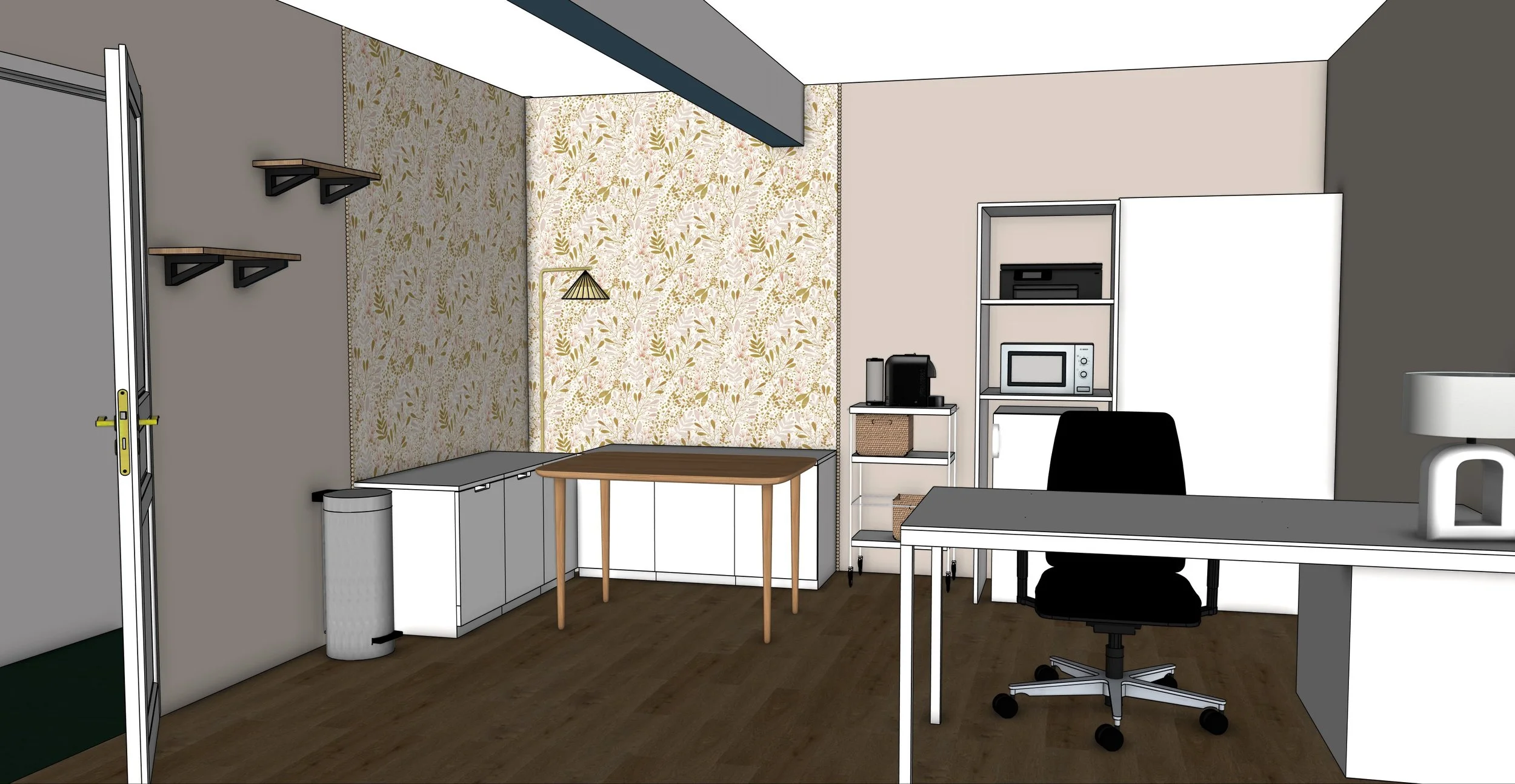 Une vue intérieure d'un bureau moderne avec un bureau, une chaise, une étagère, des appareils électroménagers, et un mur décoratif avec du papier peint floral.