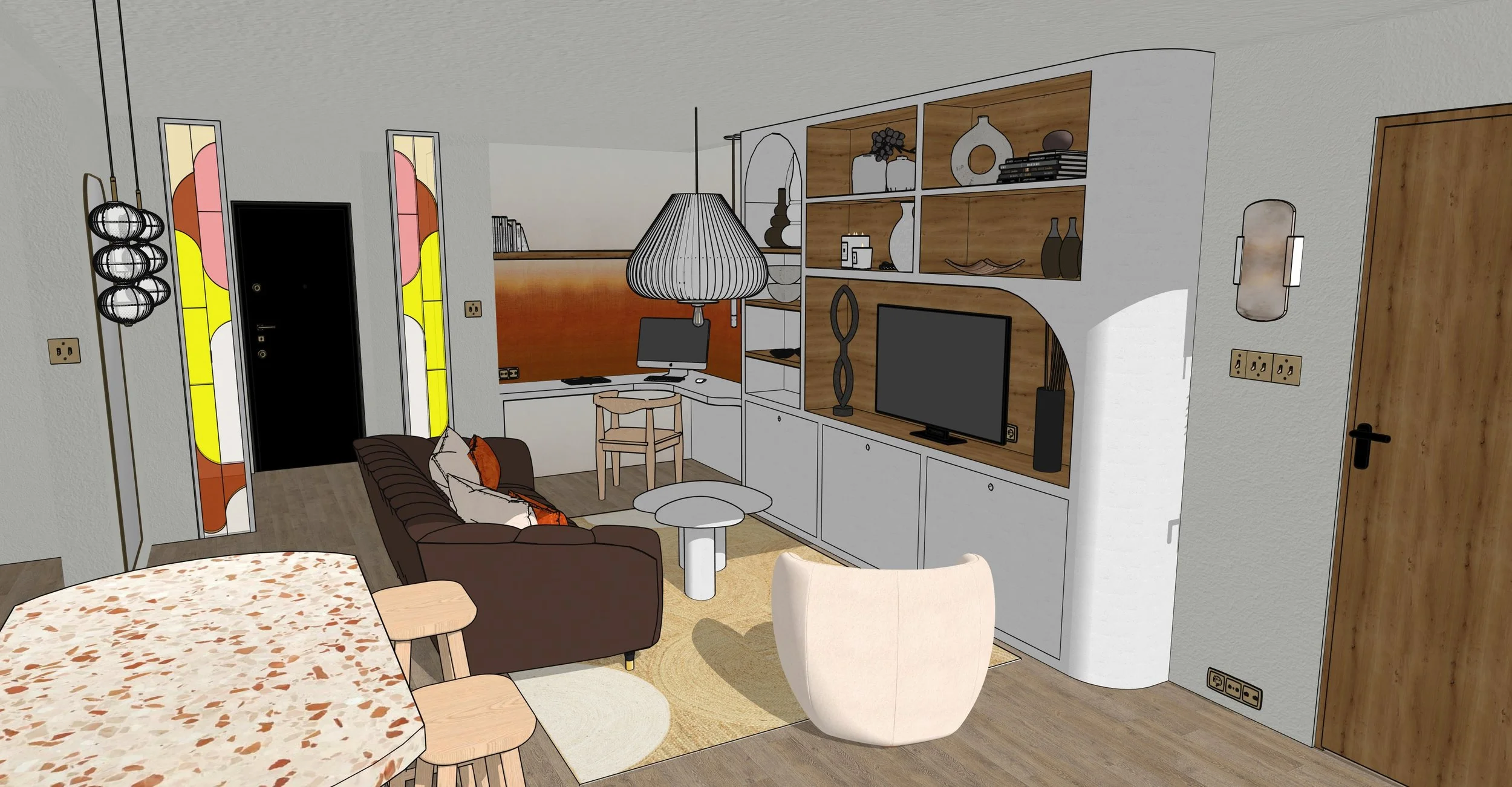 Salon moderne avec canapé marron, fauteuil blanc, bibliothèque en bois blanc et naturel avec télévision, décorations modernes, lumière murale, et portes colorées derrière
