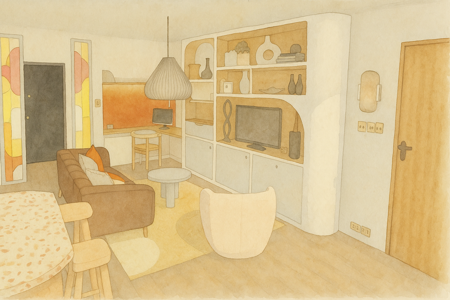 Salon avec canapé marron, fauteuil blanc, table basse, télévision sur une étagère, lampe suspendue, bureau avec ordinateur, porte en bois, étagère avec des décorations, mur orange derrière le bureau, rideaux colorés à motifs, sol en bois, lampe murale, prise électrique.