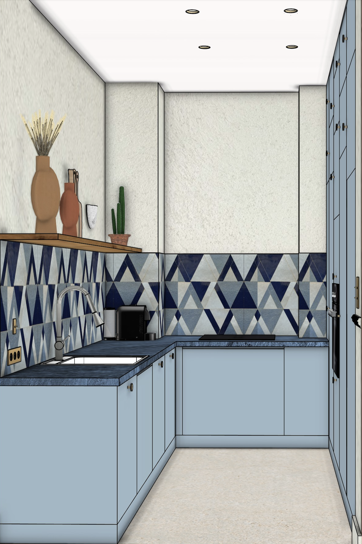 Cuisine moderne avec meubles bleus, un lavabo, un robinet, une cafetière, un plan de travail en pierre noire, une crédence en carreaux de façon géométrique bleue, blanche et grise, décorations avec des vases et une plante en pot, et un mur avec des armoires bleues.