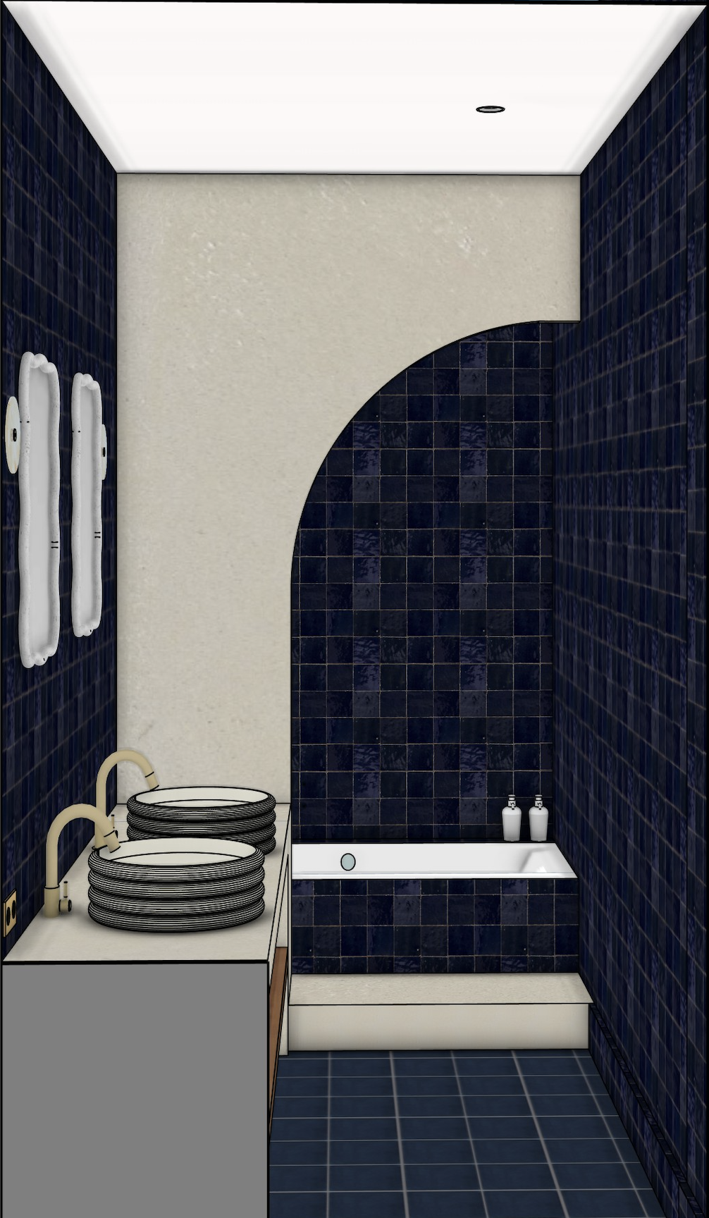Une salle de bain moderne avec des murs couverts de carreaux bleus foncés, une baignoire avec deux bouteilles, un lavabo avec plusieurs plats empilés, et un miroir au mur.