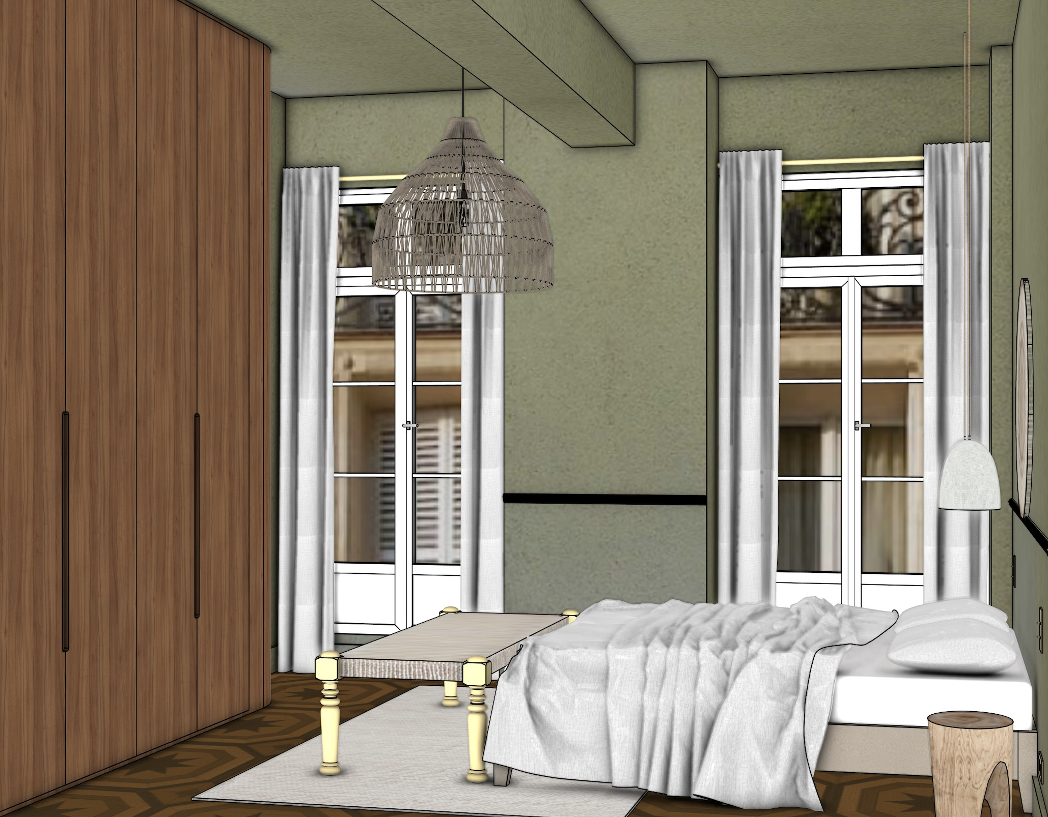 Chambre lumineuse avec lit en désordre, grande armoire en bois, deux fenêtres avec rideaux blancs, suspension en rotin, lampe murale, petit tabouret en bois.