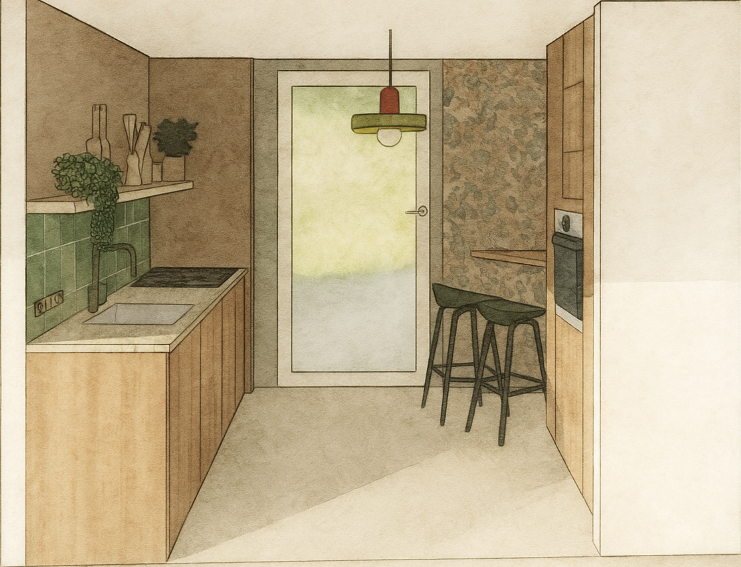 Cuisine de style moderne avec un évier, une plaque de cuisson, des étagères avec des plantes et des vases, et un coin petit déjeuner avec deux tabourets en bois, une porte vitrée derrière avec vue sur l'extérieur.