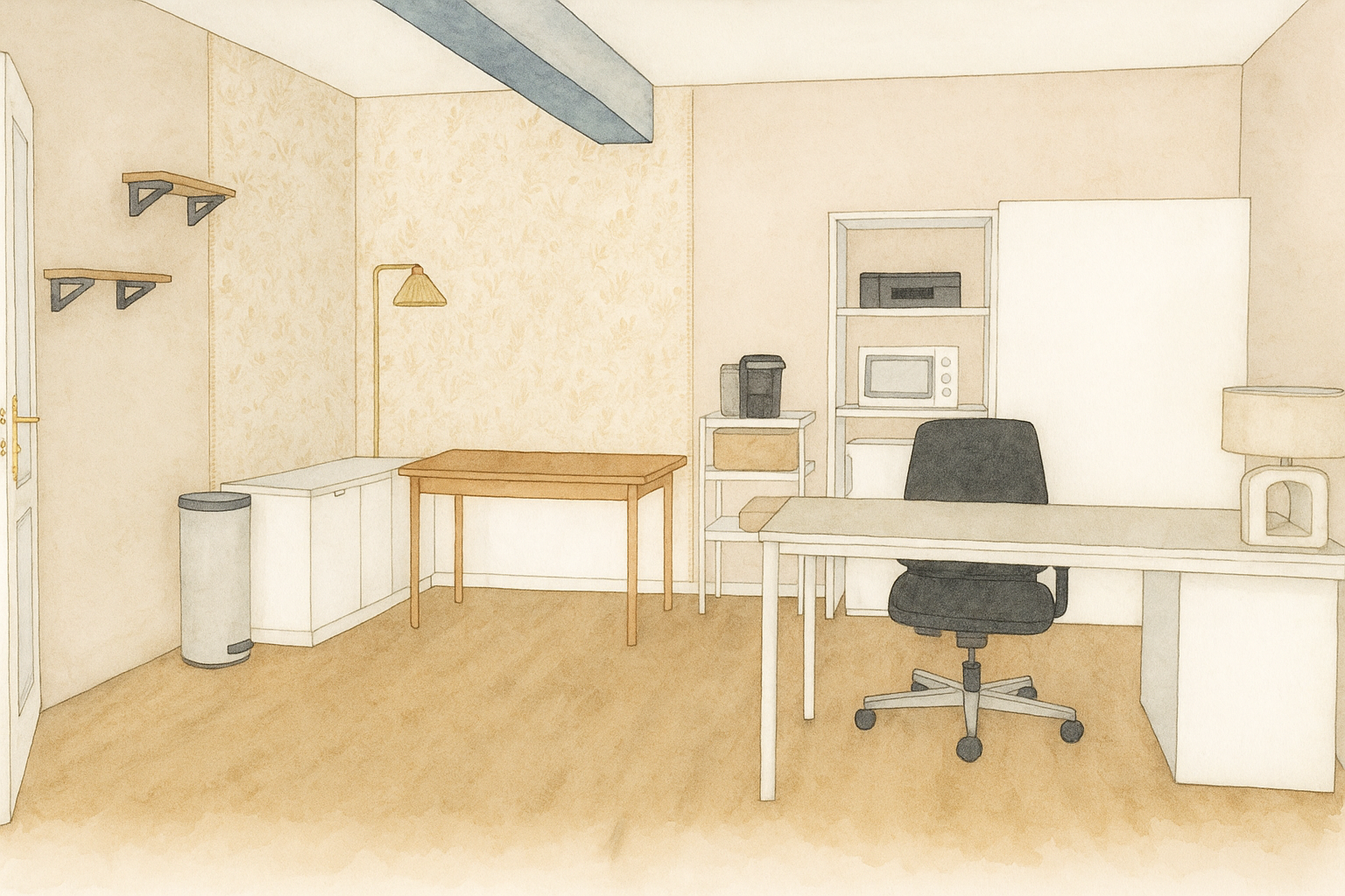 Une illustration d'un bureau avec une table, un fauteuil, une étagère avec un micro-ondes, un grille-pain, un ordinateur, une lampe de bureau, des étagères murales, une poubelle et un plan de travail.