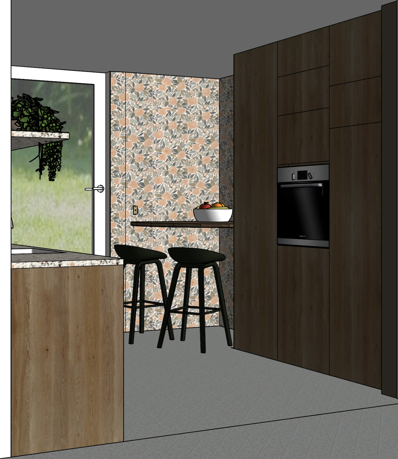 Intérieur d'une cuisine moderne avec murs en bois, un mur avec un papier peint floral, un comptoir avec un bol de fruits, deux tabourets noirs, une porte-fenêtre donnant sur l'extérieur.