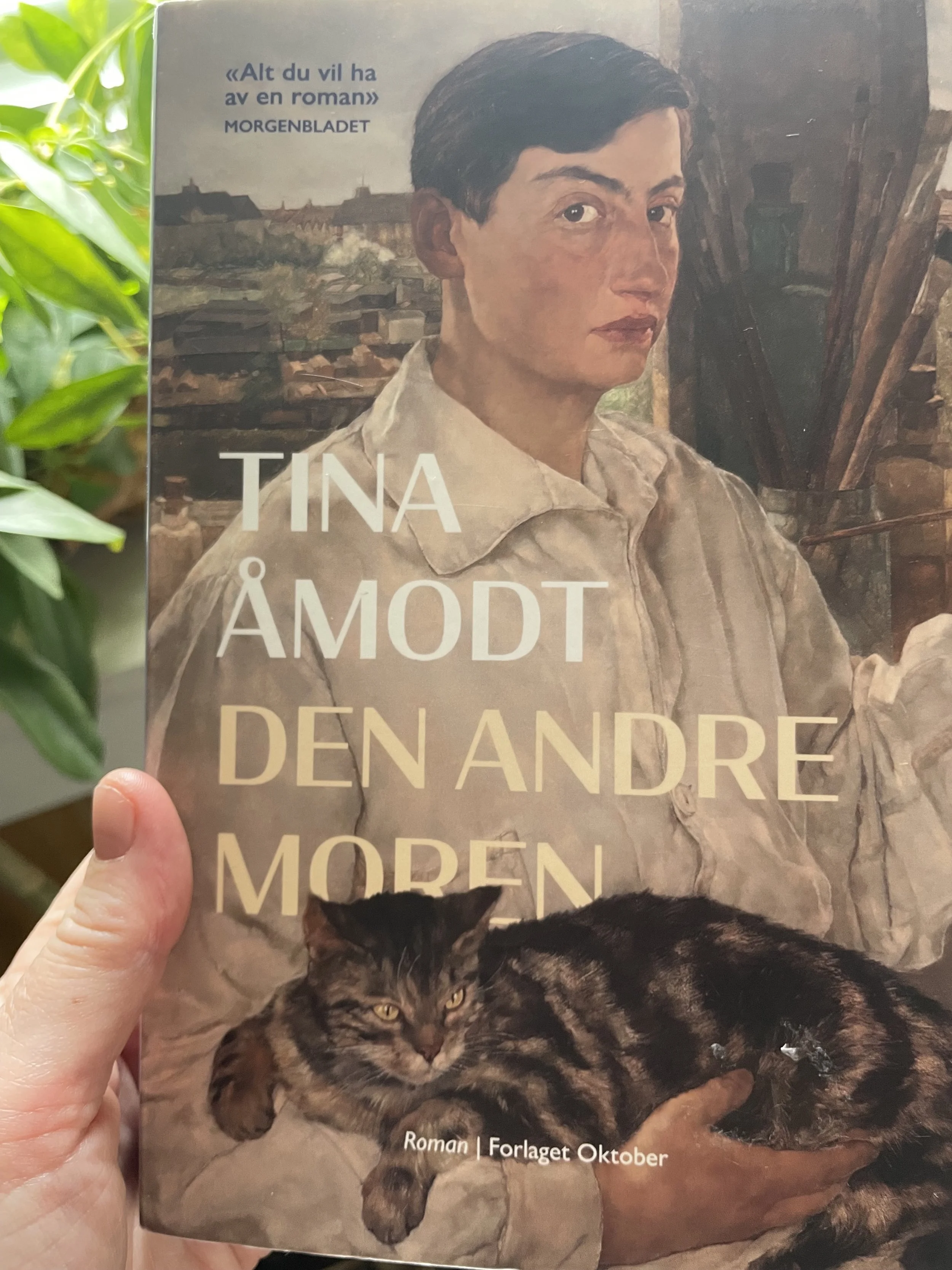 En hånd som holder boken Den andre moren av Tina Åmodt.