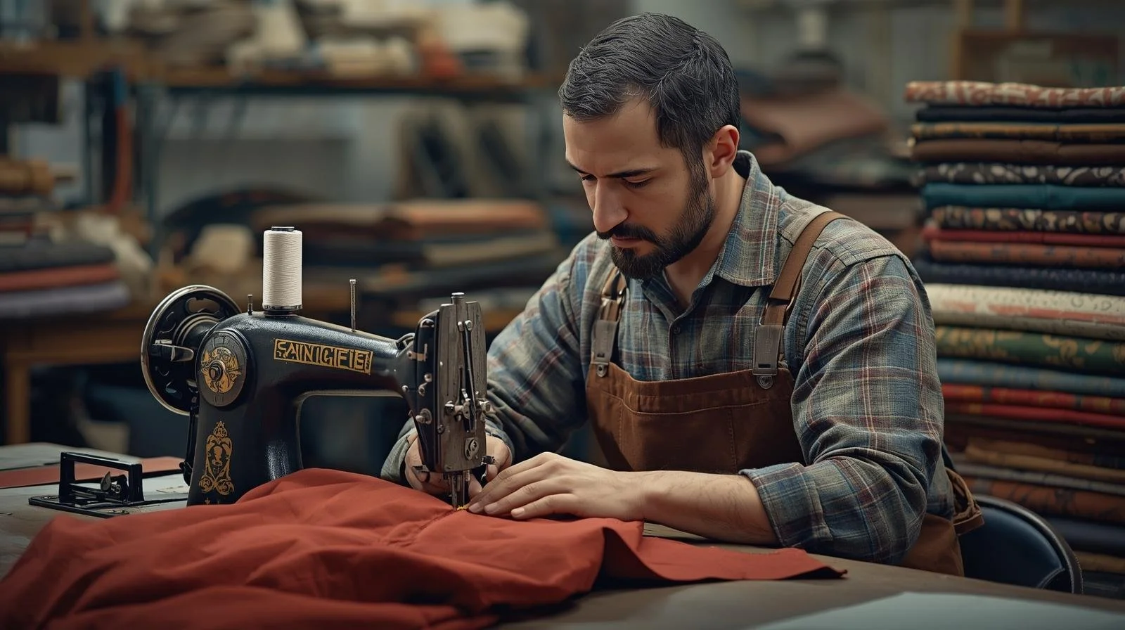 A man carefully sewing fabric