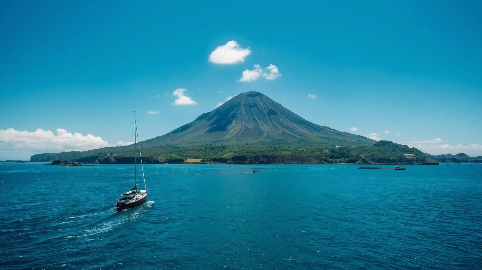 A sailboat motoring to a tropical island