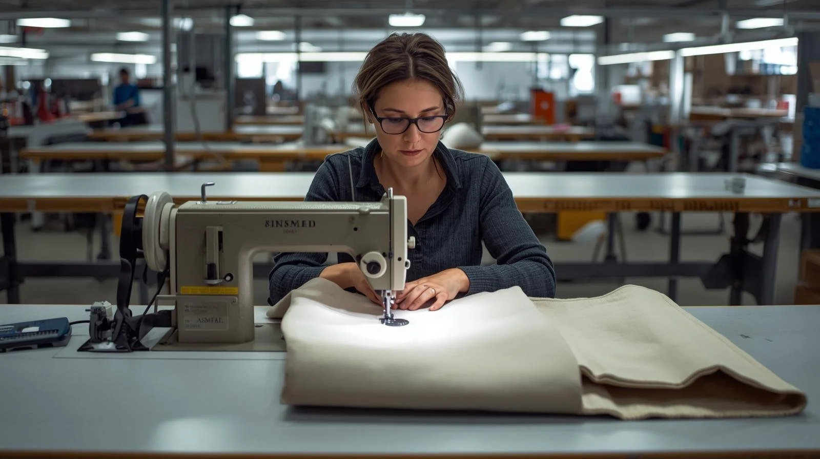 A woman sewing a large canvas bag