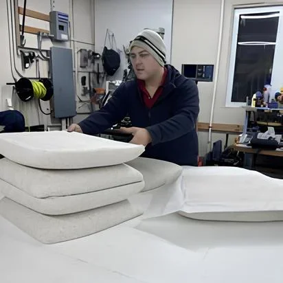 A man wearing a beanie and hoodie working with large foam pieces in a marine canvas workshop at Robie Canvas.