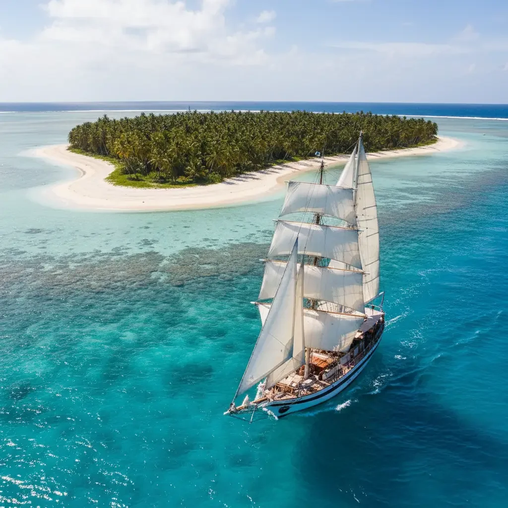 Schooner sailing in crystal clear waters