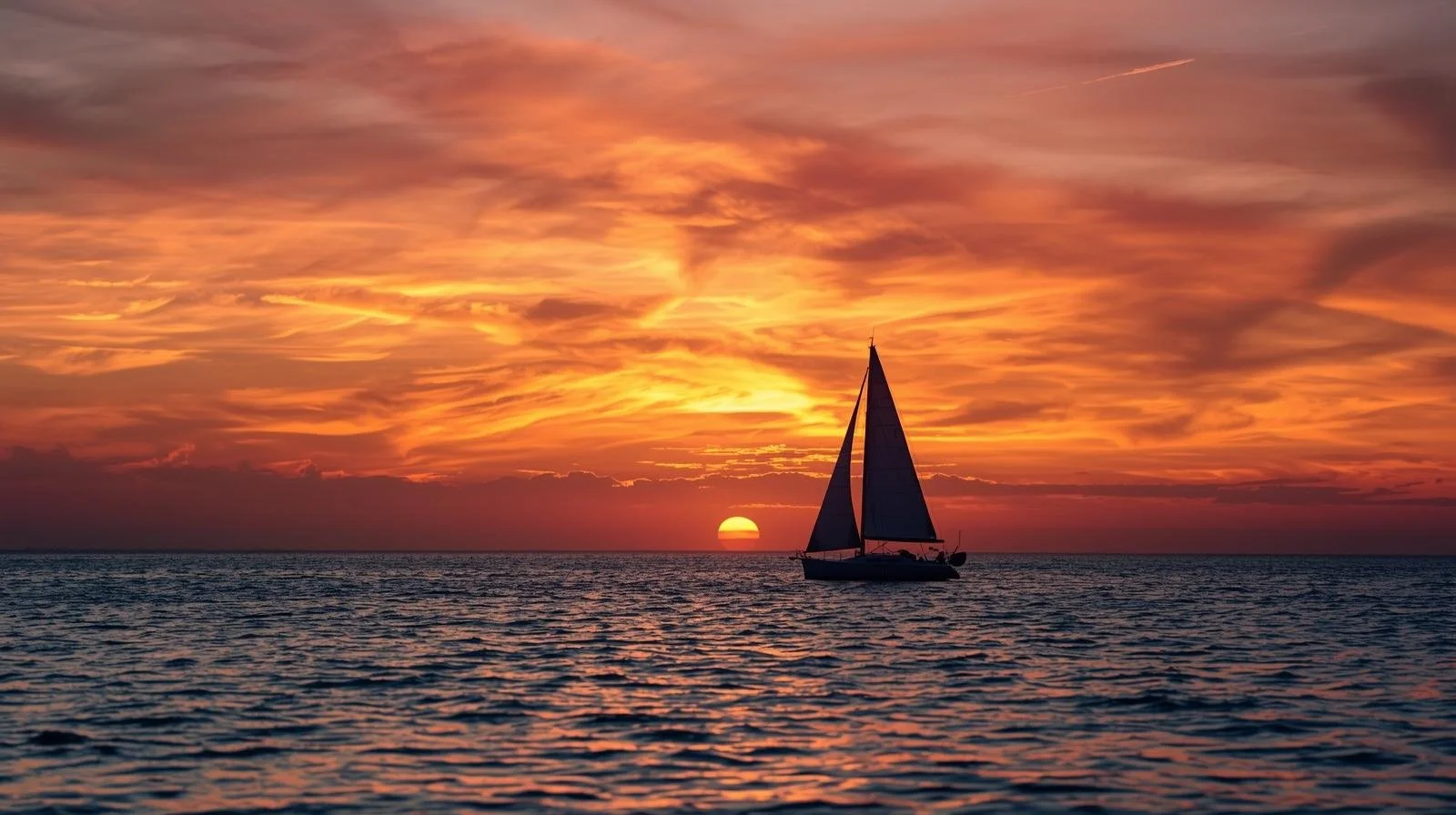 A sailboat floating on the water during sunset with an orange and yellow sky and the sun partially below the horizon.