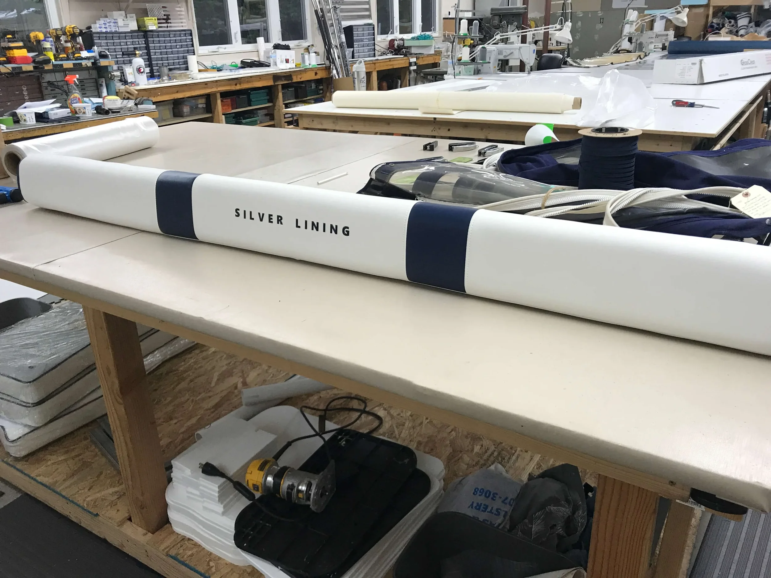 Custom lettering on Searay bolster - Robie Canvas