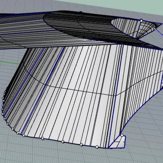 3D wireframe model of a Robie Canvas custom enclosure and sunfly aft cover, with multiple geometric surfaces.