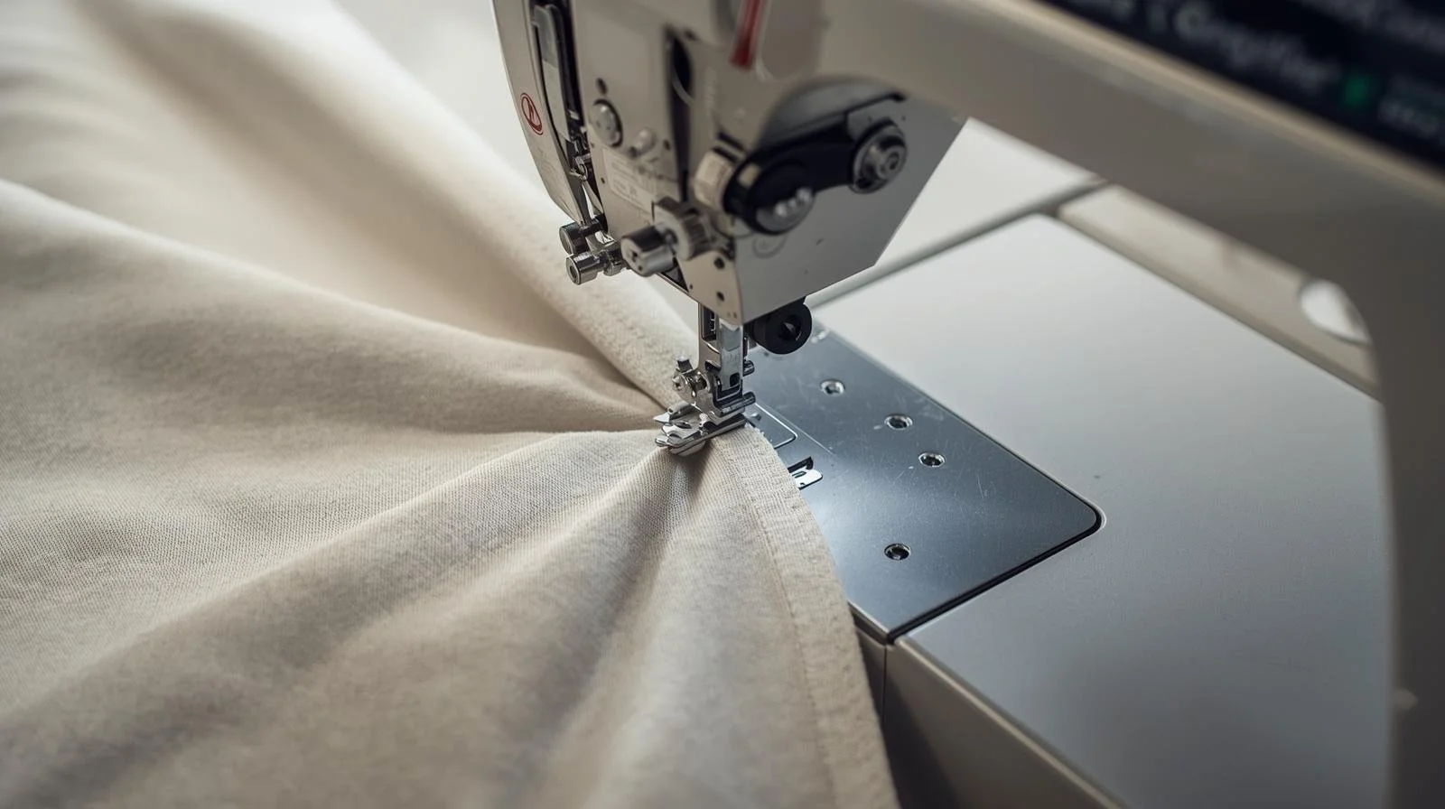 A piece of canvas stuck under a sewing machine foot