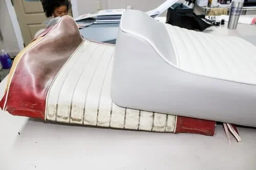 Century boat seat bottoms made from scratch - before and after - Robie Canvas