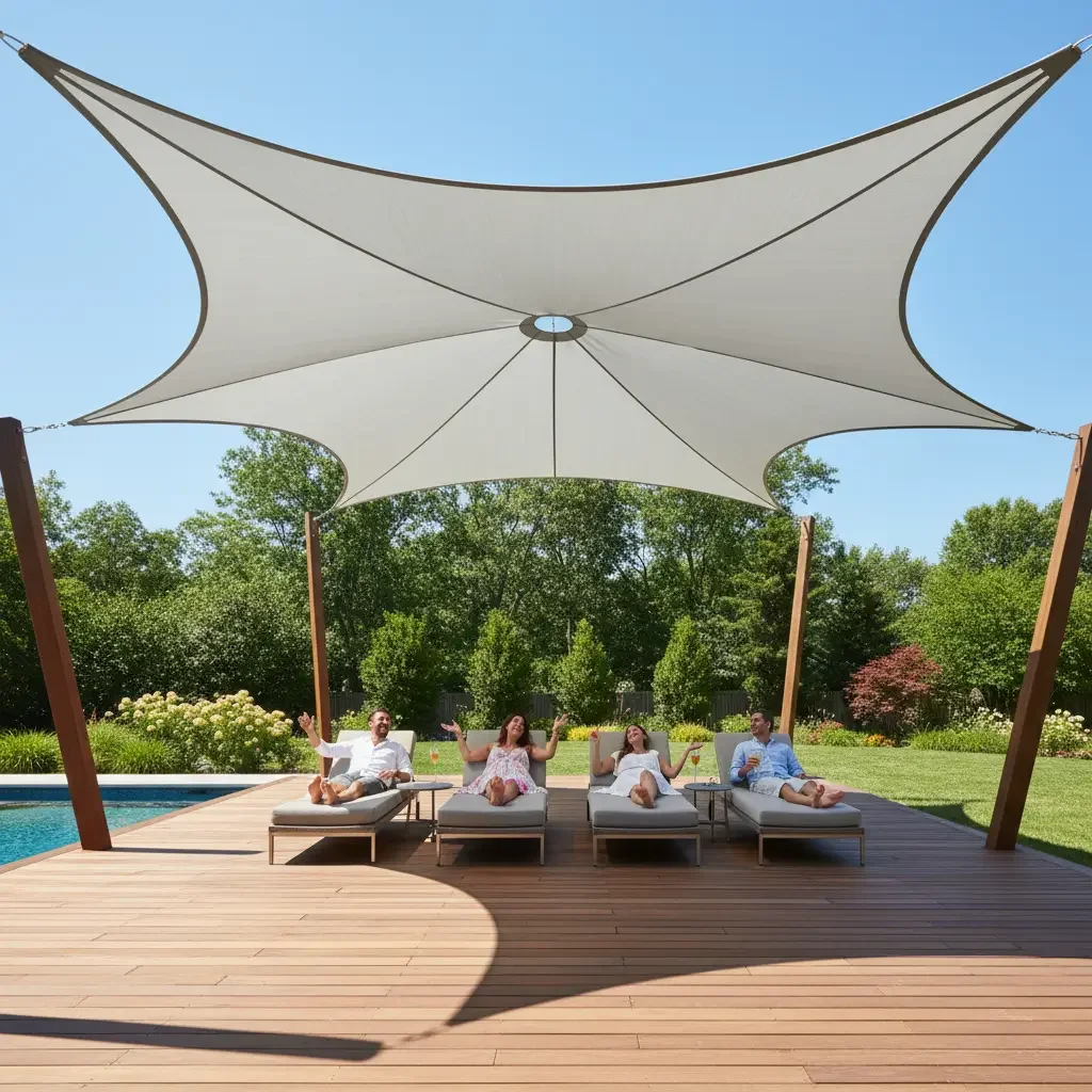 Four people relaxing on lounge chairs under a large shade sail over a pool deck surrounded by greenery.