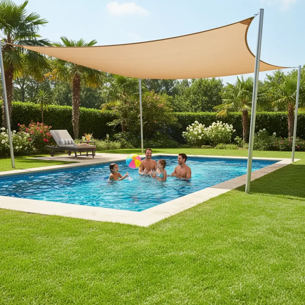 Custom sun shade sail installation over an inground pool in Massachusetts