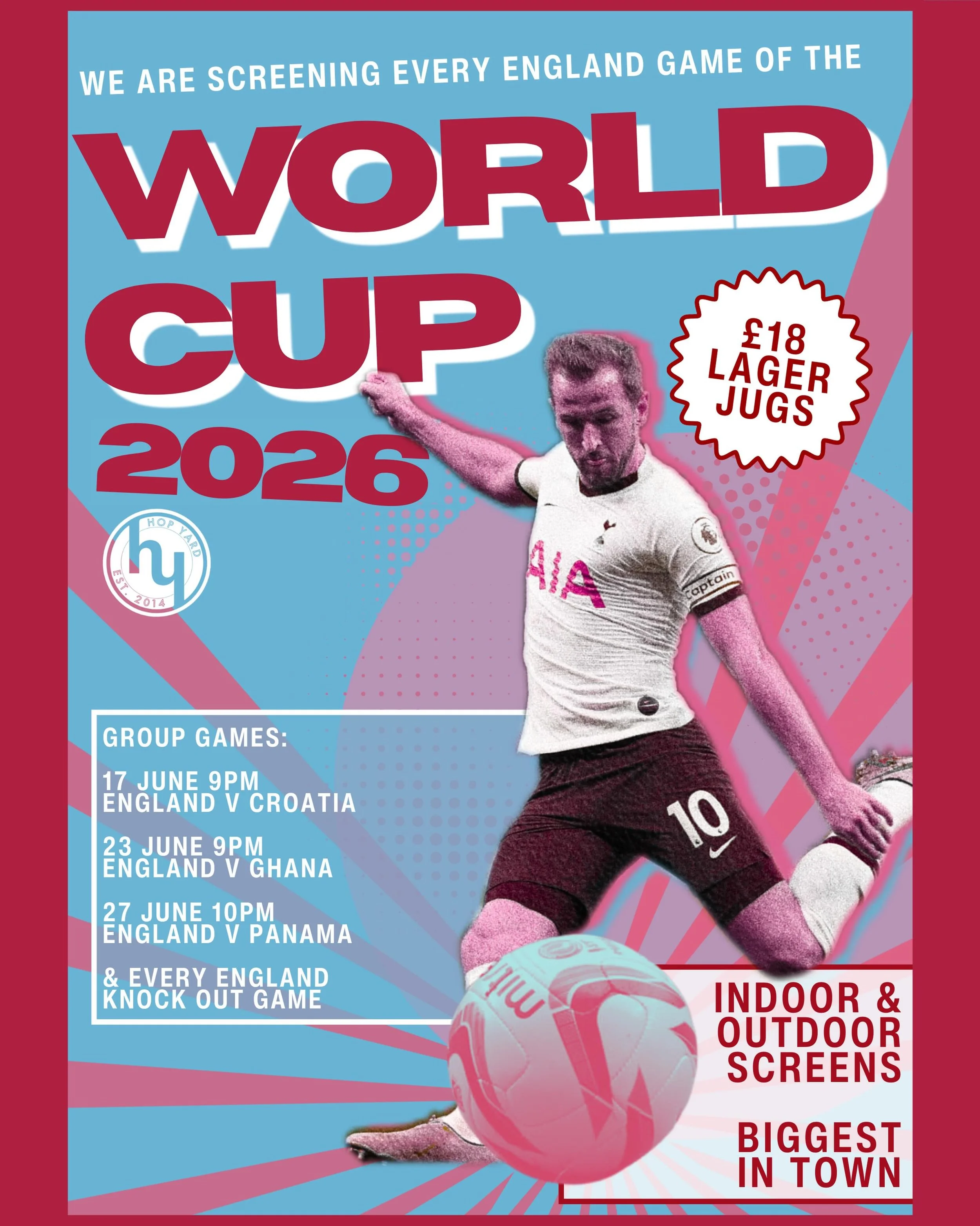 We will be screening every England game of the World Cup 2026🥳⚽️ 

Starting on Wednesday 10 June with the last friendly match England v Costa Rica. To celebrate we will be running Happy Hour an hour before kick off - 20% off everything!

🍻&pound;18