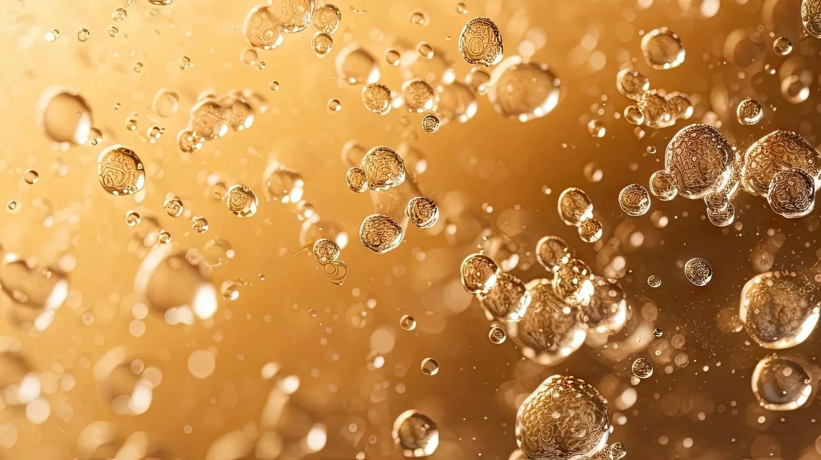 Close-up of numerous golden bubbles floating against a gold background, some with intricate patterns on their surfaces.