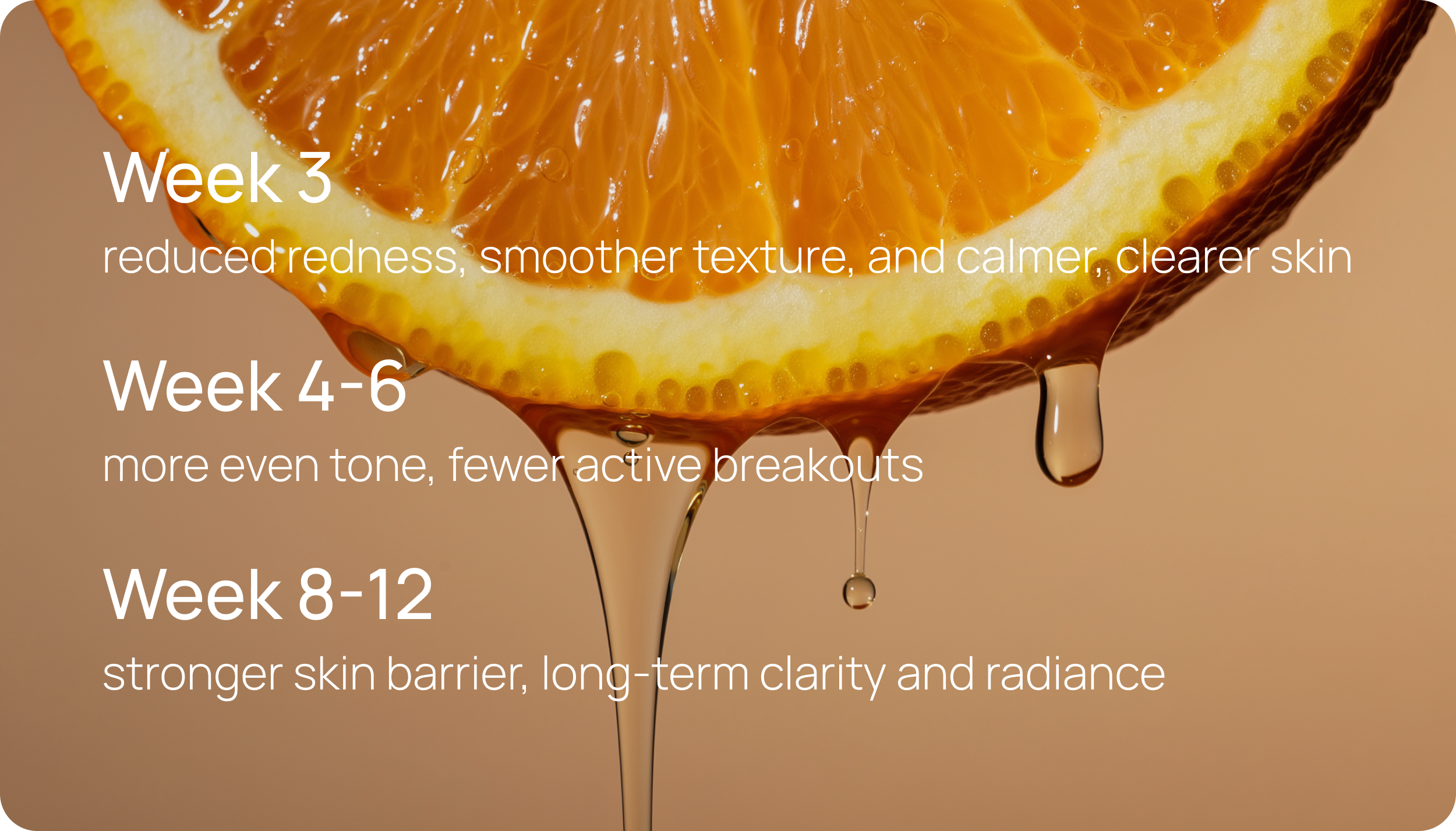 Close-up of a sliced orange with honey dripping from the fruit, with overlaid text describing skin improvements over different weeks.