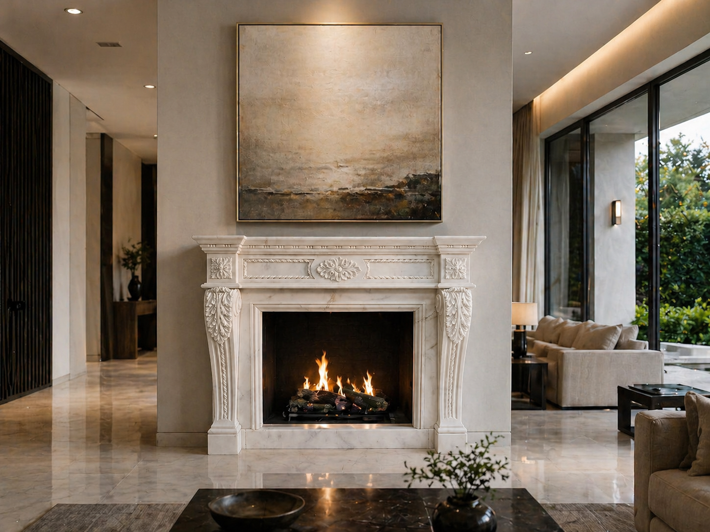 مدفأة فاخرة من الرخام الطبيعي بنقوش يدوية وأعمدة زخرفية كلاسيكية. Luxury hand-carved natural marble fireplace with classical decorative columns.