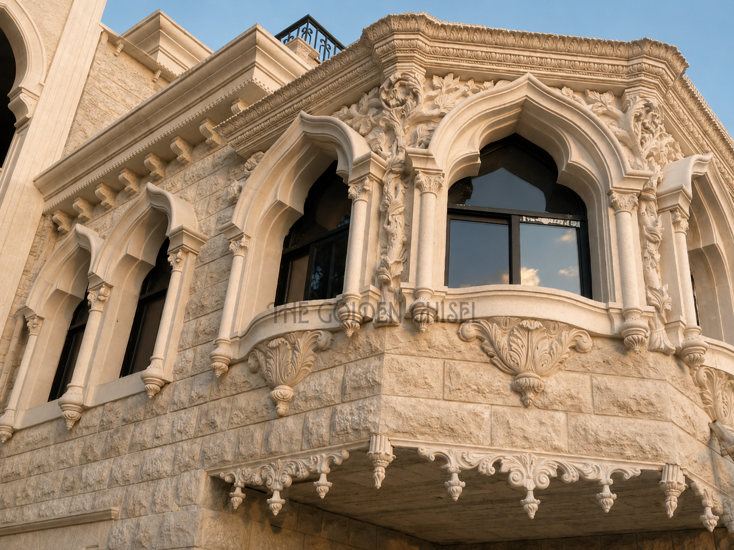 واجهة فيلا فاخرة بتفاصيل النحت الحجري اليدوي والزخارف الكلاسيكية – luxury stone villa facade