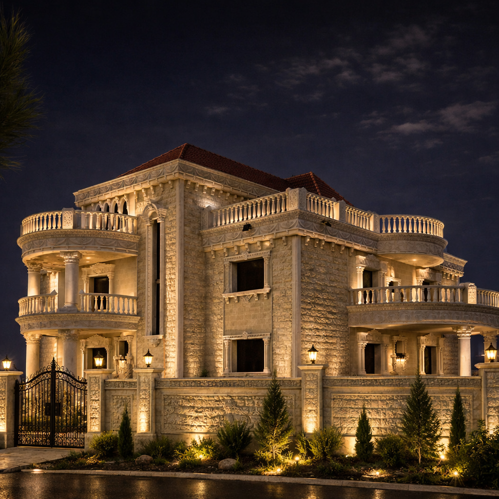 Luxury stone villa with detailed carved stone facade and architectural ornamentation