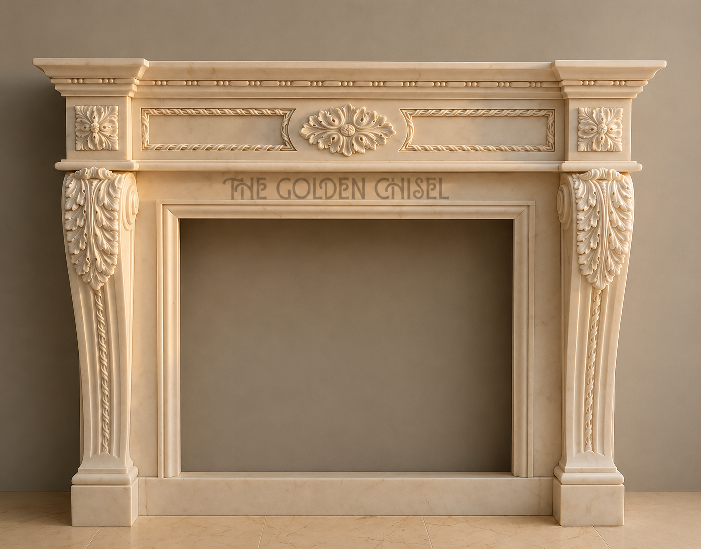 White marble fireplace inspired by Neoclassical European architecture with refined floral carvings