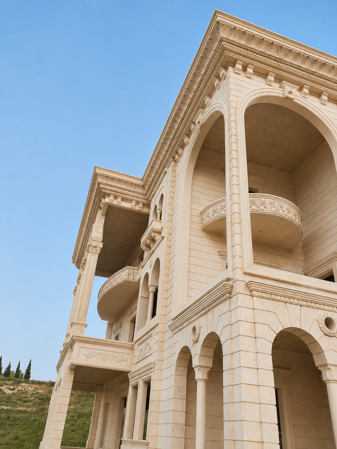 واجهة فيلا فاخرة من الحجر المنحوت بتصميم كلاسيكي جديد وأقواس وشرفات مزخرفة | Luxury stone villa facade with neoclassical architecture, ornate arches, and carved balconies