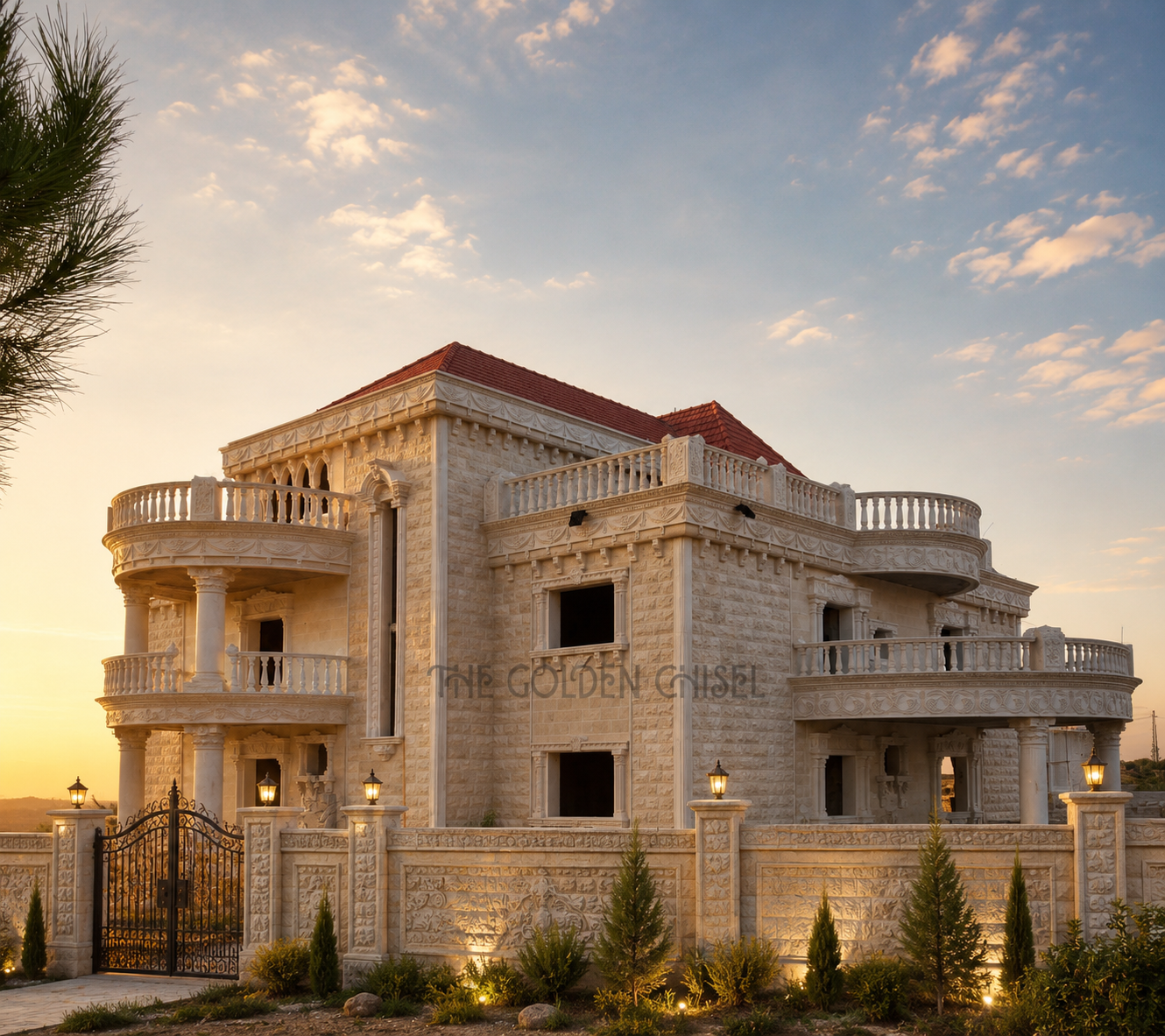 فيلا فاخرة من الحجر الطبيعي بتصميم كلاسيكي وشرفات وأعمدة مزخرفة. Luxury natural stone villa with classic design, elegant balconies and carved columns.