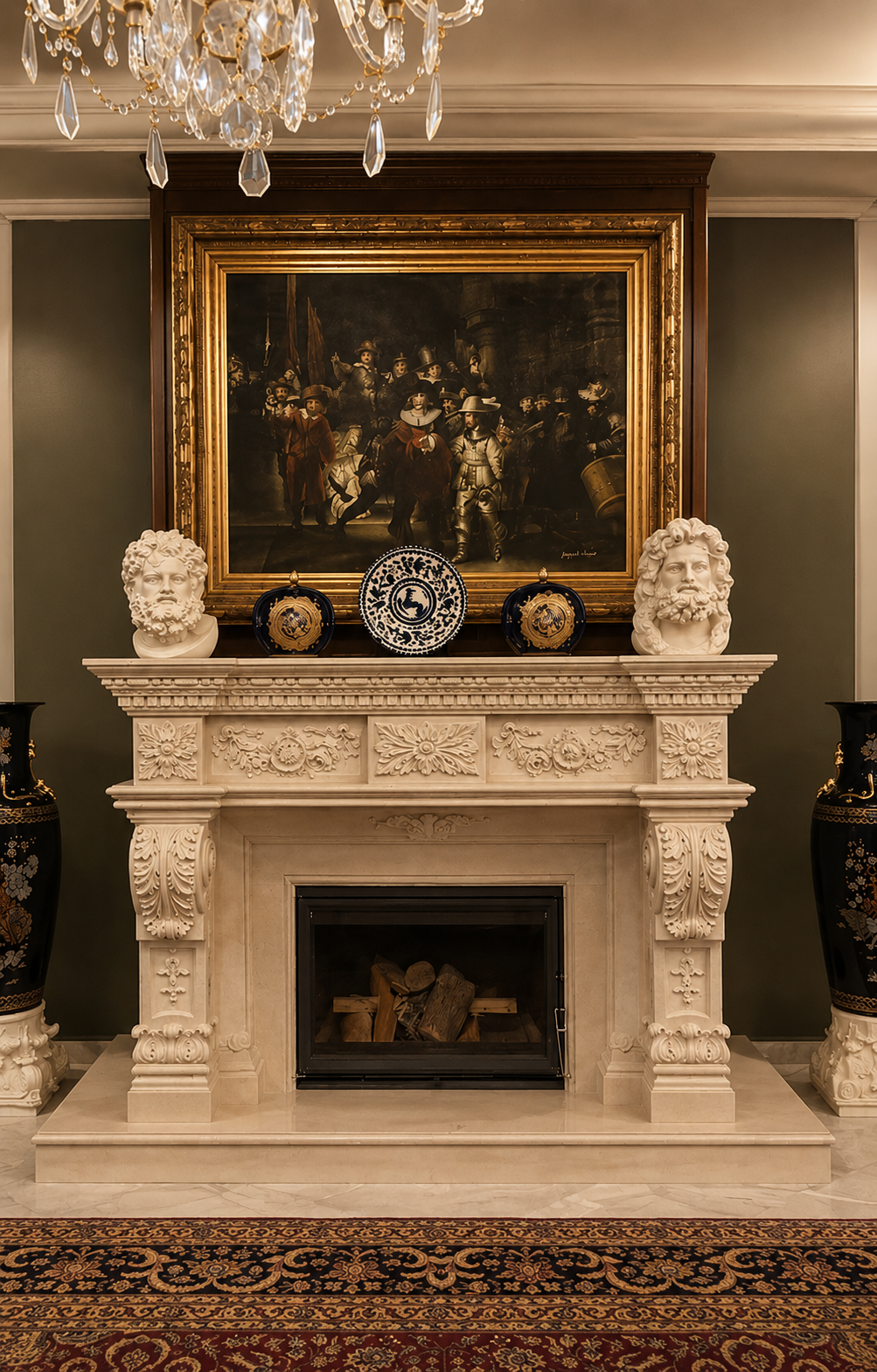 Henry II-style marble fireplace with classical carved details and traditional European character.