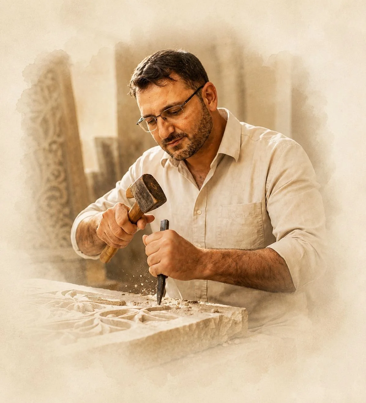 نحت حجري يدوي يُظهر الحرفية والدقة في تنفيذ الزخارف Hand-carved stonework showcasing skilled craftsmanship and detailed carving.