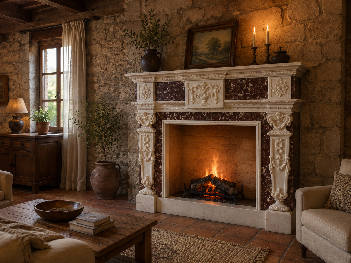 Two-tone marble fireplace inspired by 19th-century English classical design