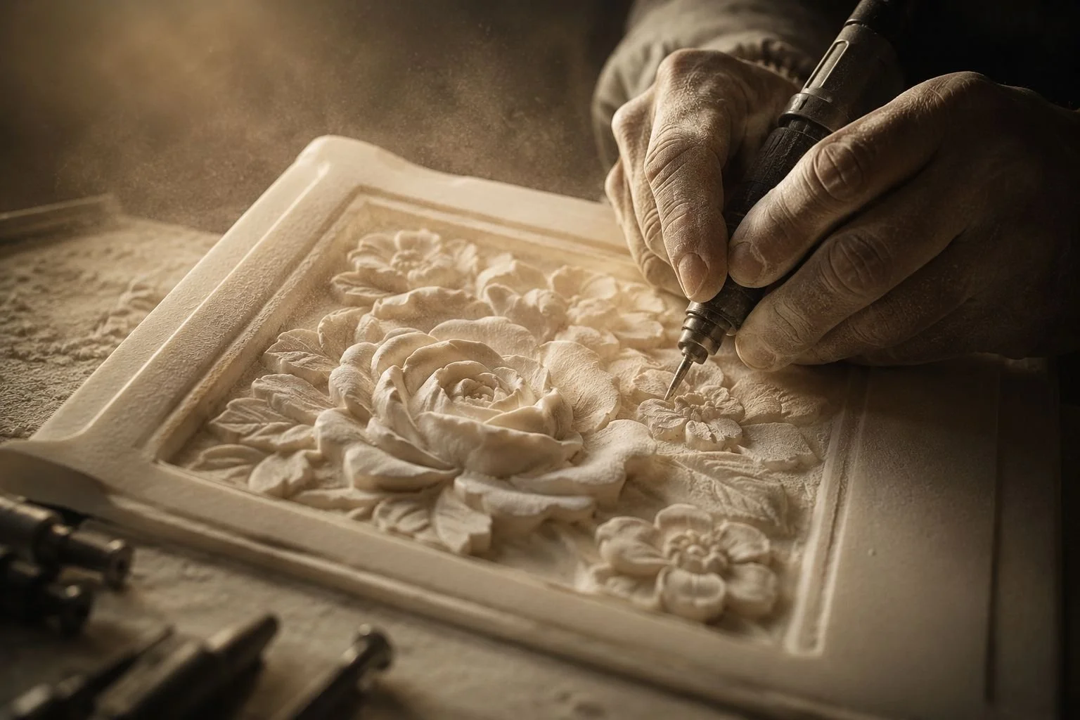 نحت يدوي حقيقي لزخارف وردية على الحجر الطبيعي باستخدام أدوات النحت التقليدية. Authentic hand-carved floral stonework created with traditional carving tools.